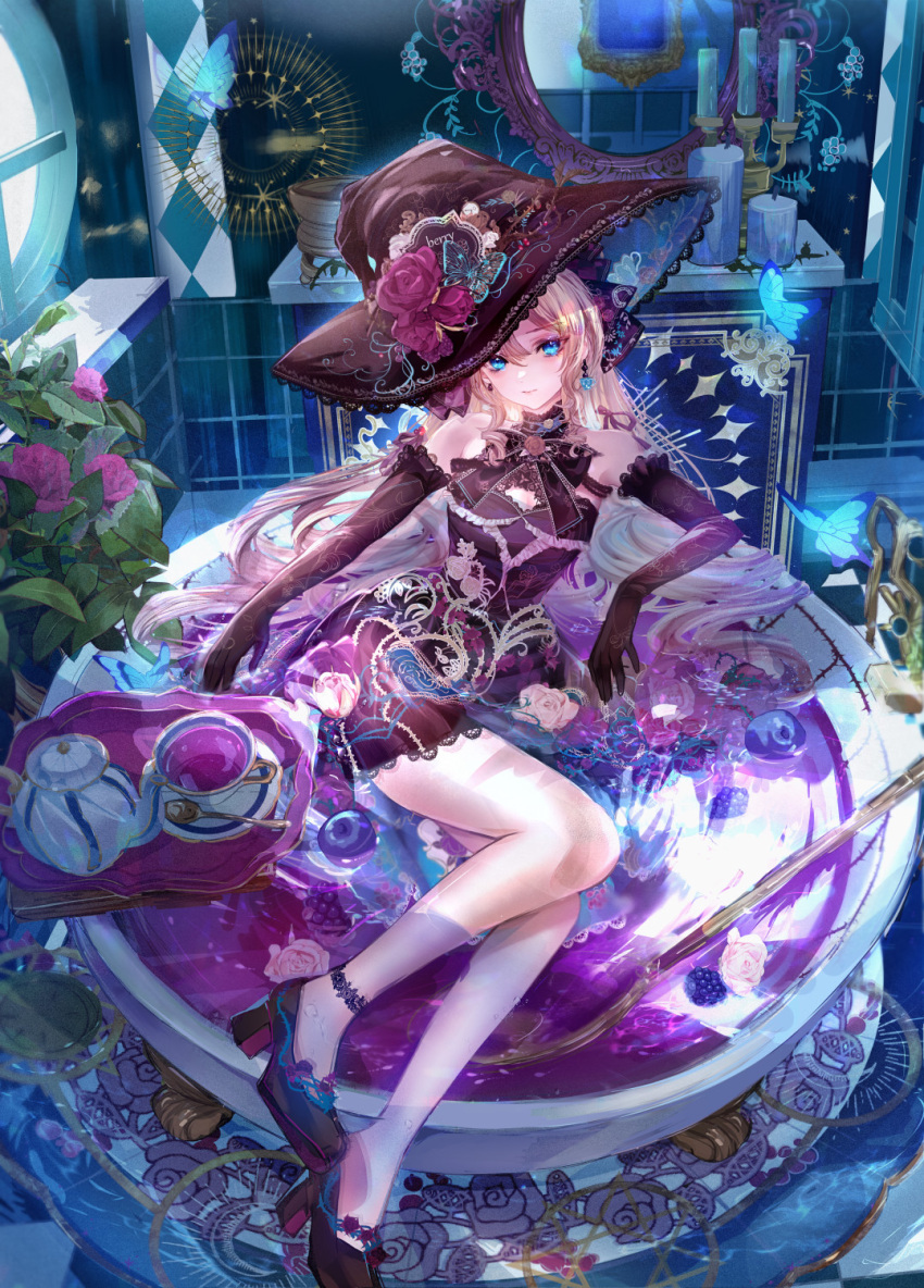 1girl, anklet, bare_shoulders, bathroom, bathtub, black_shoes, blackberry_(fruit), block_heels