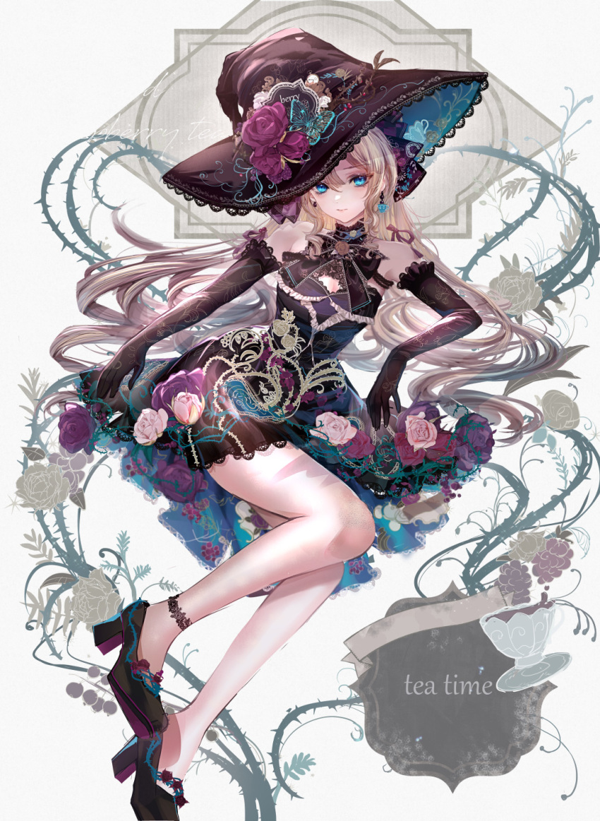 1girl, anklet, bare_shoulders, black_bow, black_bowtie, black_dress, black_gloves, black_hat, black_shoes, block_heels, blonde_hair, blue_eyes, bow, bowtie, breasts, butterfly_hat_ornament, cleavage_cutout, closed_mouth, clothing_cutout, commentary_request, cup, dress, dress_flower, earrings, elbow_gloves, elbow_rest, expressionless, floral_background, floral_print, flower, food, footwear_flower, frilled_dress, frills, fruit, full_body, gloves, hair_between_eyes, hat, hat_flower, hat_ornament, high_heels, highres, invisible_chair, jewelry, komorihikki, lace-trimmed_dress, lace_trim, long_hair, looking_at_viewer, mismatched_earrings, original, pink_flower, pink_rose, plant, purple_flower, purple_rose, raspberry, rose, shoes, short_dress, sitting, sleeveless, sleeveless_dress, solo, teacup, teacup_earrings, thorns, two-sided_dress, two-sided_fabric, two-sided_headwear, very_long_hair, white_background, white_flower, white_rose, witch, witch_hat, yokozuwari
