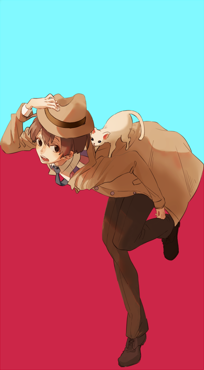 1boy, black_shoes, brown_pants, cat, full_body, hand_on_headwear, hat, highres