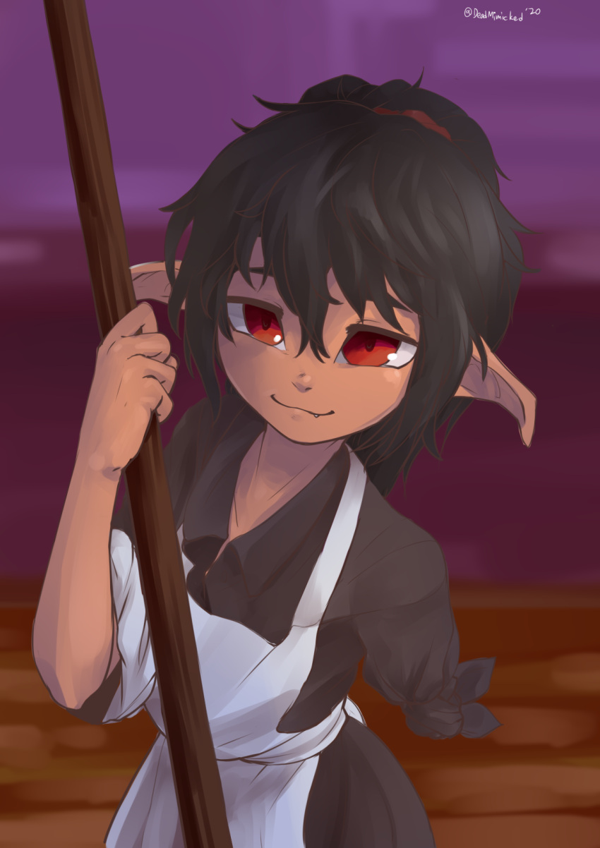 1girl, amputee, apron, artist_name, back_bow, black_dress, black_hair, bow