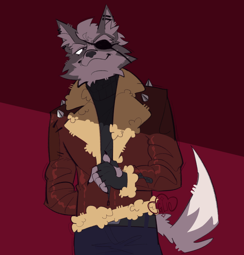 1boy, a_fox_in_space, animal_ears, artist_name, black_pants, brown_jacket, claws, closed_mouth, eyepatch, fingerless_gloves, fur-trimmed_jacket, fur_trim, furry, furry_male, gloves, highres, iglioatelle, jacket, leather, leather_jacket, looking_to_the_side, male_focus, one_eye_covered, pants, red_background, signature, smile, star_fox, wolf_boy, wolf_ears, wolf_o'donnell