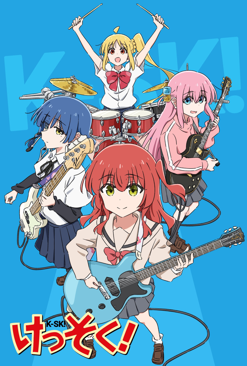 4girls, :d, absurdres, ahoge, bass_guitar, black_ribbon, black_socks, blonde_hair