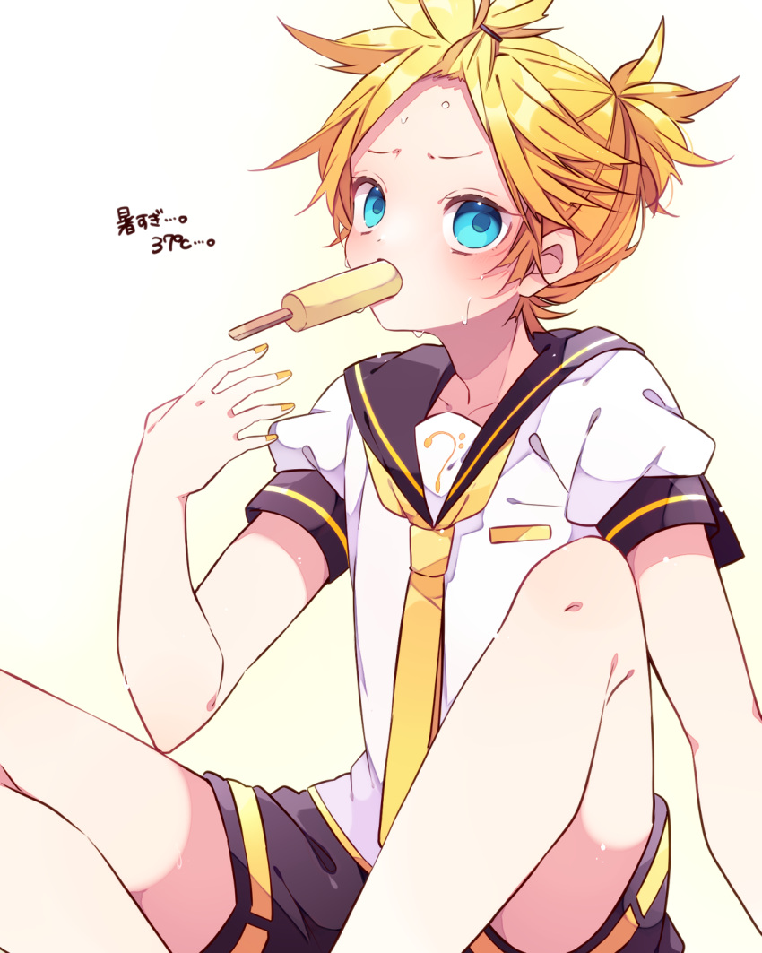 1boy, bangs_pinned_back, bass_clef, black_sailor_collar, black_shorts, blonde_hair, blue_eyes, blush