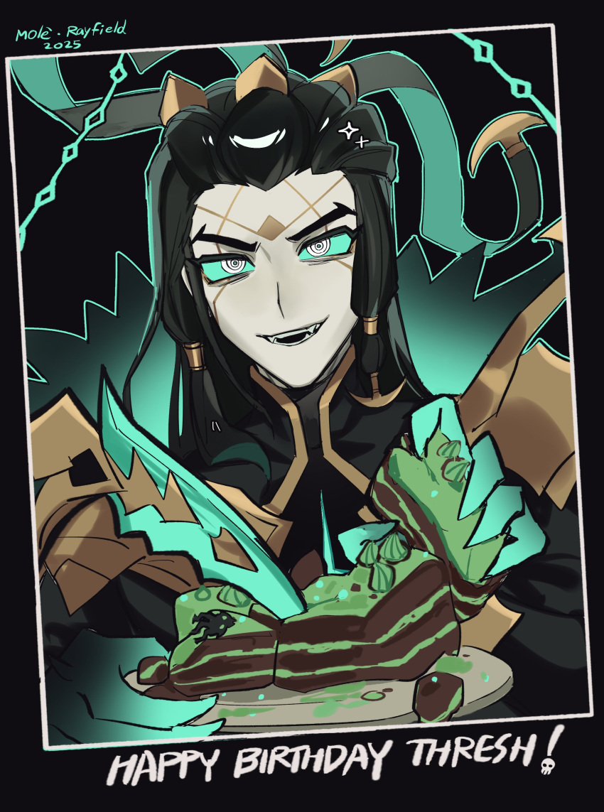 1boy, absurdres, artist_name, black_hair, cake, colored_sclera, english_text, facial_mark