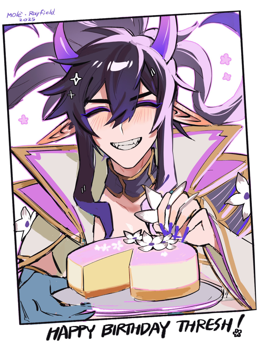 1boy, absurdres, artist_name, blush, cheesecake, closed_eyes, demon_boy, detached_collar