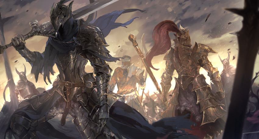 3boys, 4others, armor, artorias_the_abysswalker, belt, blue_cape, blue_hood, bow_(weapon)