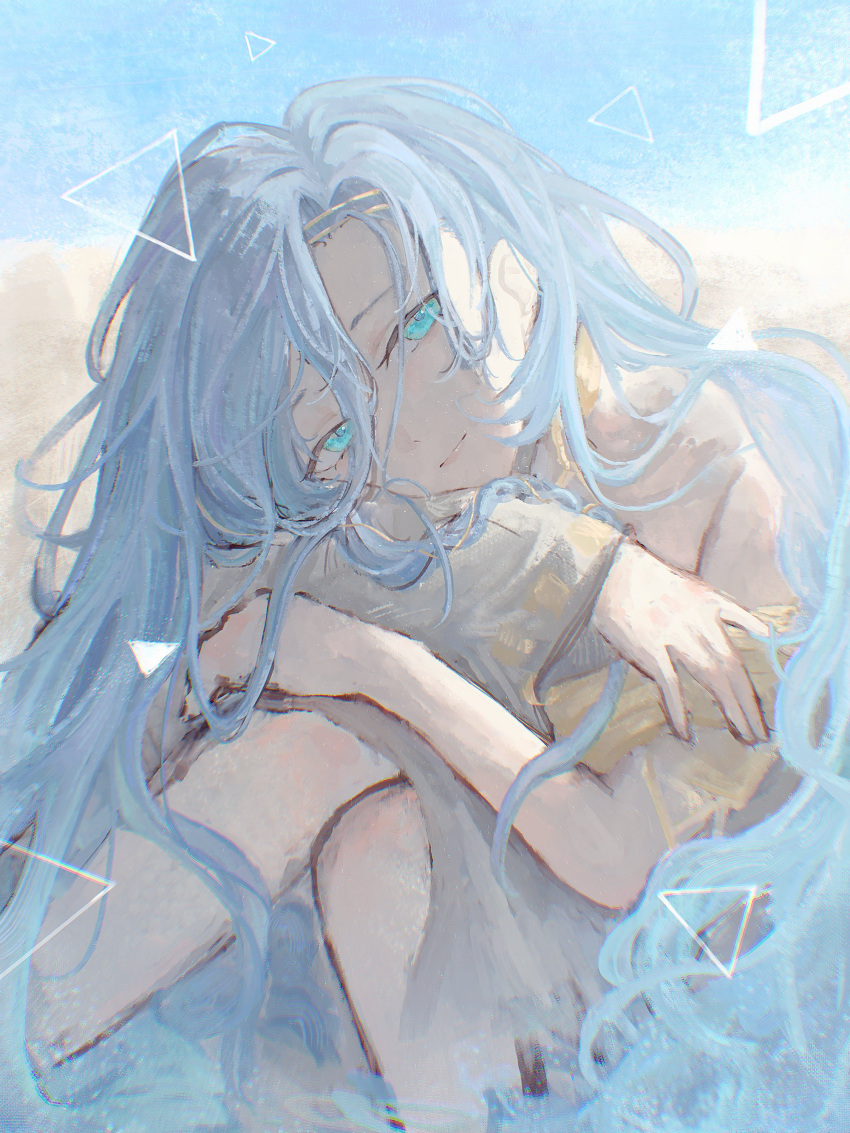1girl, 37_(reverse:1999), absurdres, ancient_greek_clothes, arm_pillow, arms_on_knees, blue_background, blue_eyes