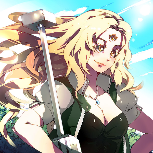 blonde_hair, breasts, cleavage, coat, hand_on_hip, hips, jewelry, long_hair