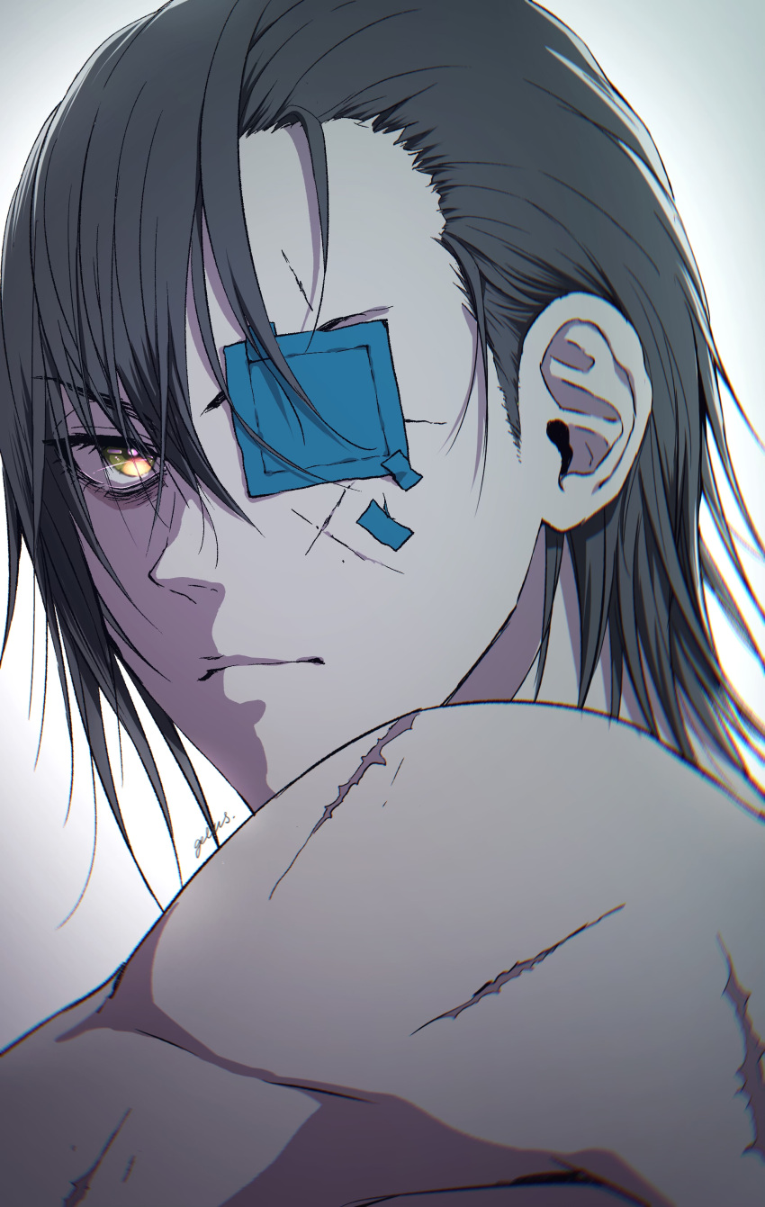 1boy, absurdres, bandage_over_one_eye, black_hair, commentary, frown, green_eyes, hair_between_eyes