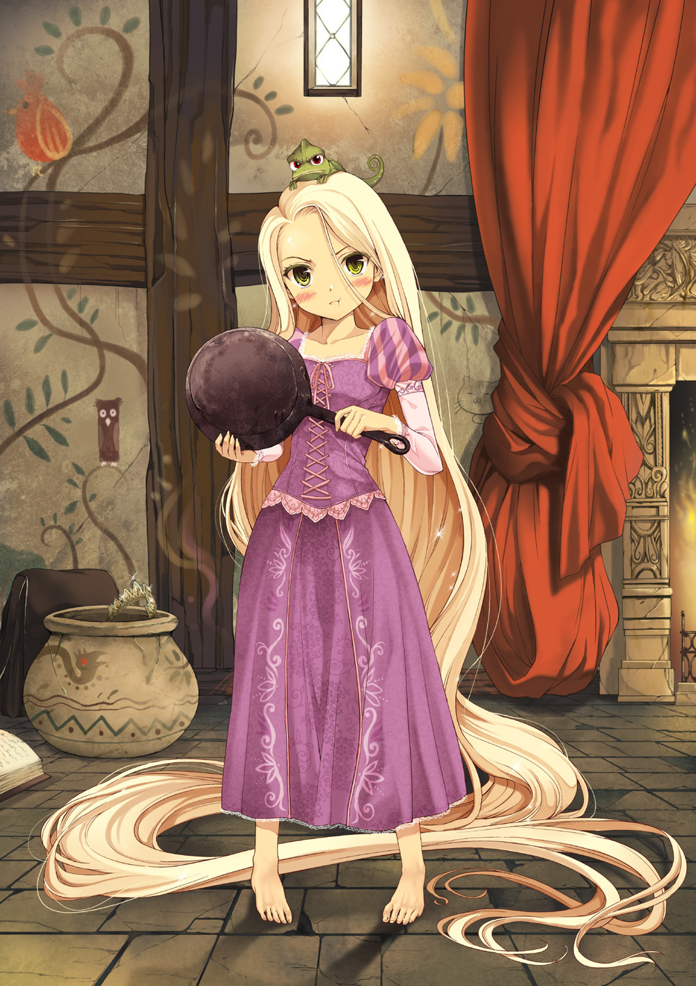 :t, angry, barefoot, blonde_hair, blush, chameleon, child, disney, dress, feet, flat_chest, frog, frying_pan, highres, long_hair, pascal_(tangled), pink_dress, pout, rapunzel, rapunzel_(disney), solo, tangled, tangled_(film), tomozo_kaoru, very_long_hair, yellow_eyes