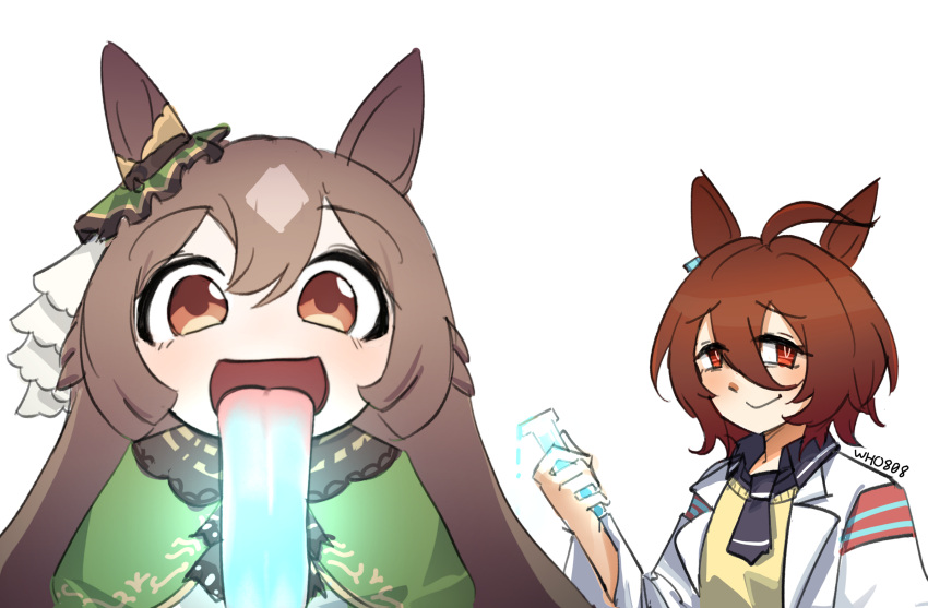 2girls, agnes_tachyon_(umamusume), ahoge, animal_ears, black_necktie, black_shirt, brown_hair, chibi