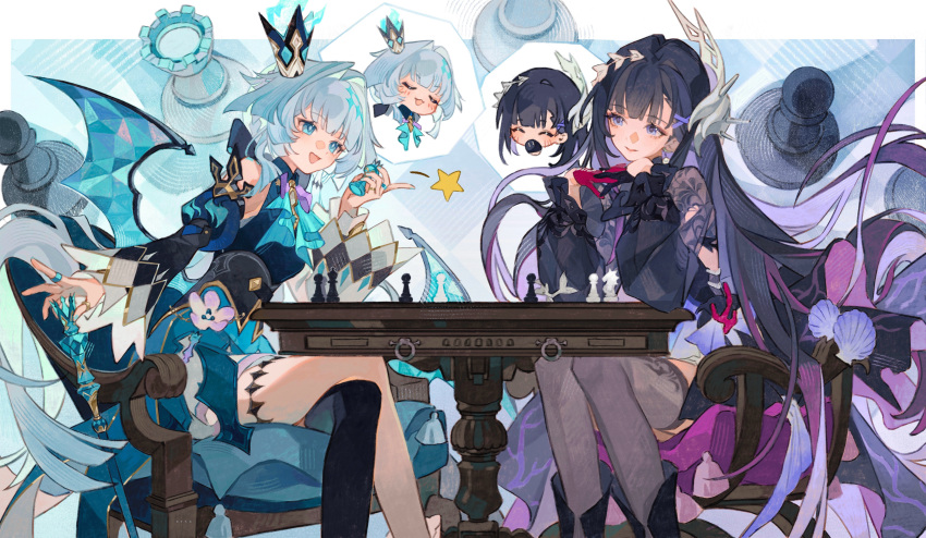 absurdres, ascot, asymmetrical_gloves, black_gloves, black_hair, blue_ascot, blue_eyes, blue_wings
