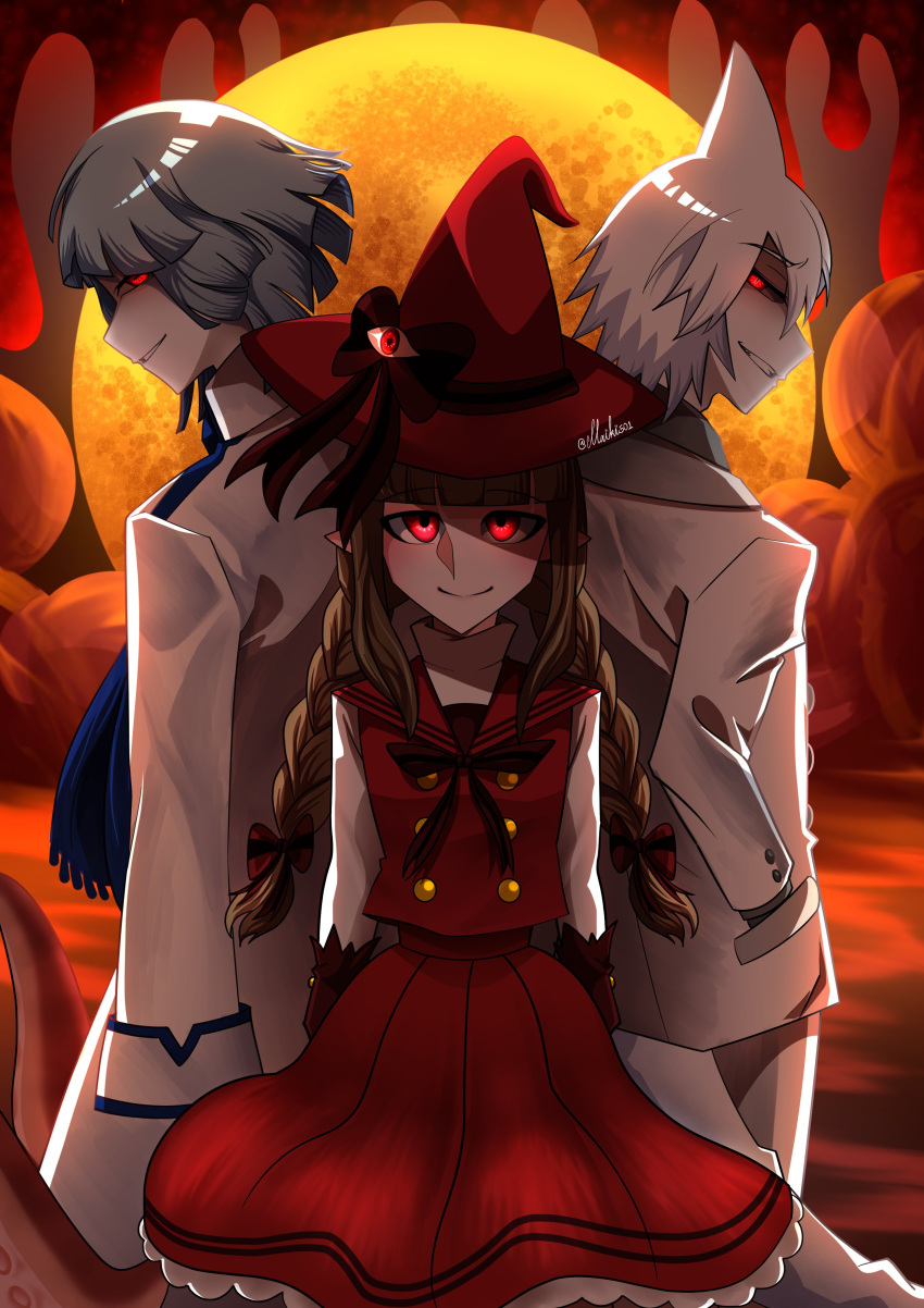 absurdres, artist_name, blue_hair, brown_hair, evil_smile, fukami_(funamusea), funamusea, hair_ribbon