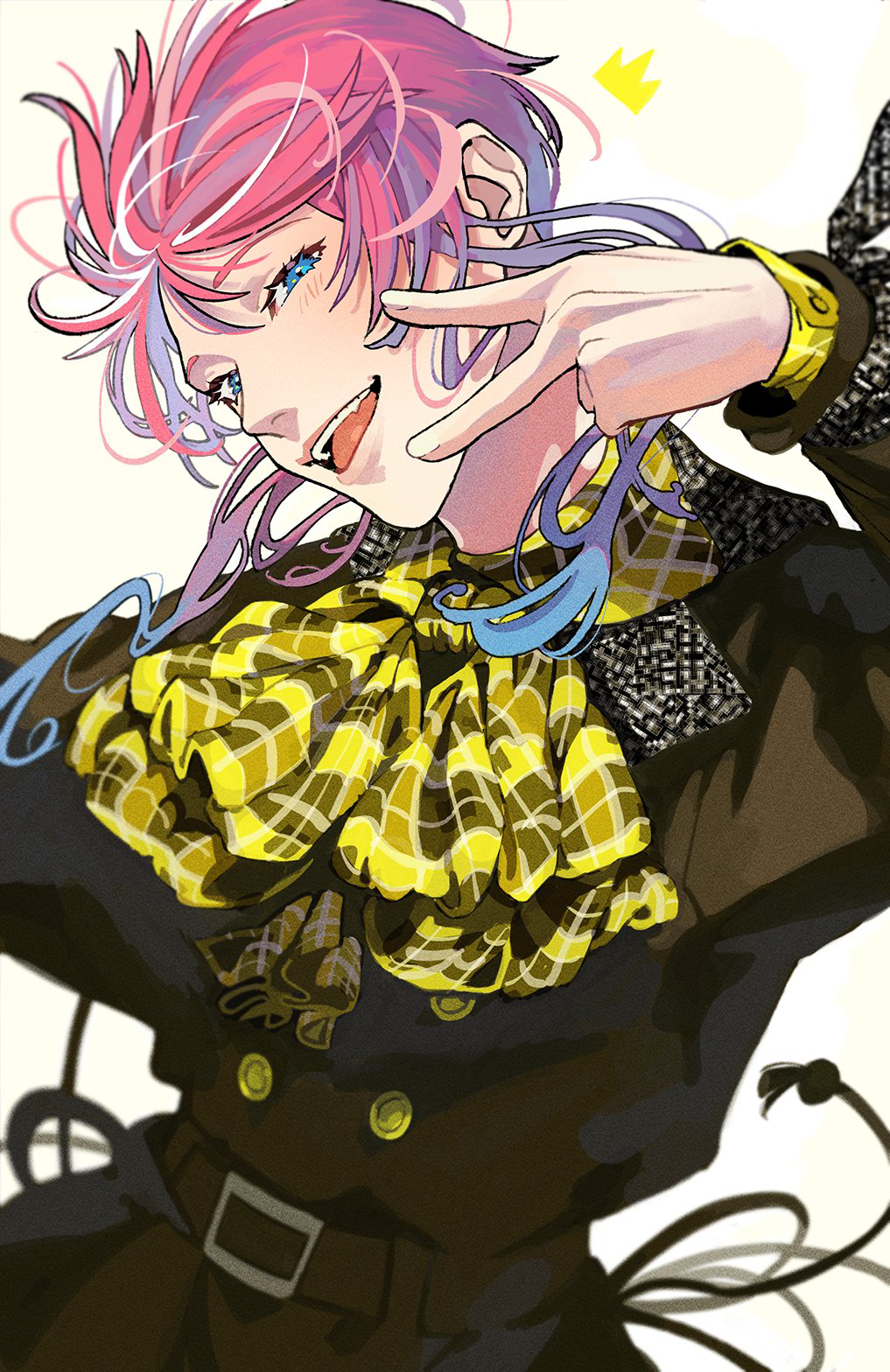 1boy, ^^^, amemura_ramuda, belt, belt_buckle, belted_jacket, black_jacket, blue_eyes