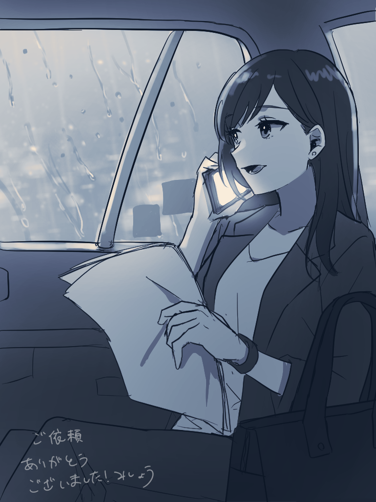 1girl, amemori_shizuku, bag, car_interior, cellphone, earrings, greyscale, handbag