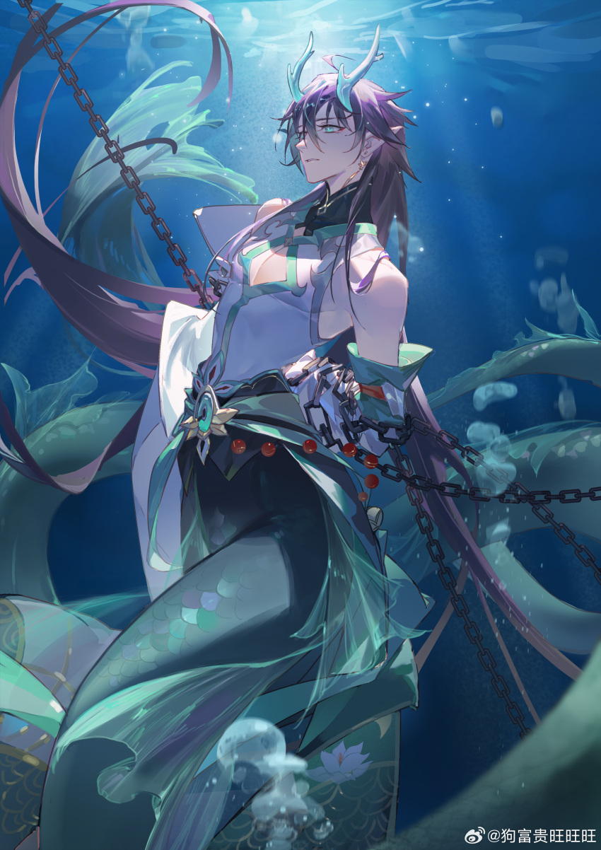 1boy, absurdres, air_bubble, aqua_horns, aqua_sash, arms_behind_back, bare_shoulders, black_hair, bound, bound_arms, bubble, chain, chained, chained_wrists, chinese_clothes, chinese_commentary, cleavage_cutout, clothing_cutout, dan_heng_(honkai:_star_rail), dan_heng_(imbibitor_lunae)_(honkai:_star_rail), detached_sleeves, dragon_boy, dragon_horns, earrings, eastern_dragon_horns, eyeliner, floral_print, from_side, frown, gou_fu_gui_wang_wang_wang, hair_between_eyes, highres, honkai:_star_rail, honkai_(series), horns, jewelry, long_hair, long_sleeves, makeup, male_focus, mandarin_collar, merman, monster_boy, monsterification, parted_lips, pointy_ears, red_eyeliner, sash, scale_print, shirt, sleeveless, sleeveless_shirt, solo, underwater, very_long_hair, watermark, weibo_watermark, white_shirt