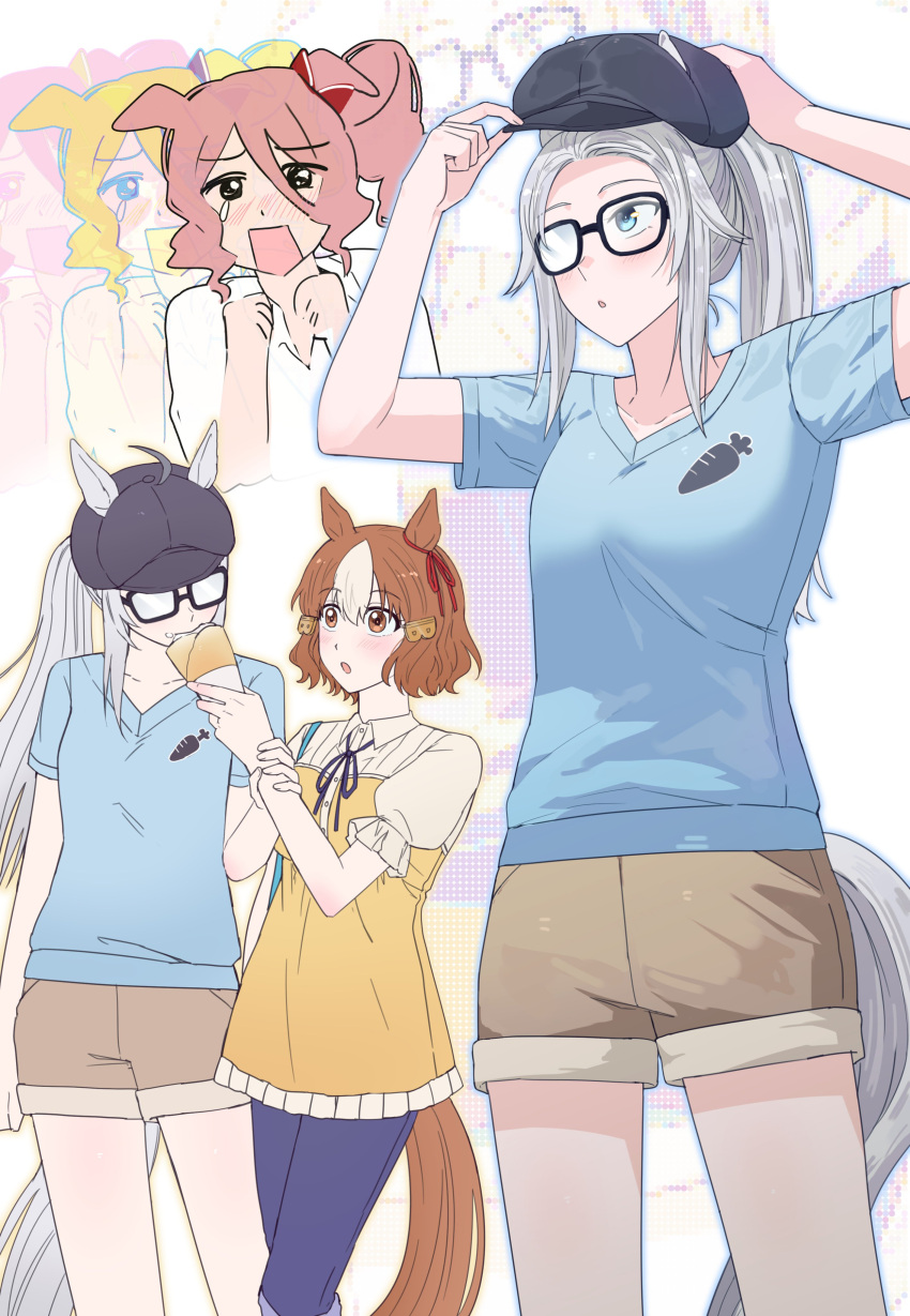 3girls, absurdres, ahoge, alternate_costume, animal_ears, belno_light_(umamusume), blue_eyes, blue_pants