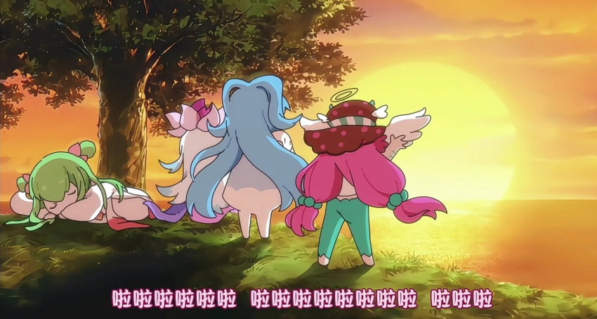 4girls, angel_anqi_(roco_kingdom), bad_source, blue_hair, bow, chibi, chinese_text, closed_eyes, double_bun, dusk, feixue_(roco_kingdom), green_hair, hair_bow, hair_bun, hair_ornament, halo, horns, huanyuan_shexian_(roco_kingdom), long_hair, low-tied_long_hair, lying, moon_lun, multiple_girls, on_stomach, pink_hair, roco_kingdom, sleeping, sun, sunset, tree, twintails, very_long_hair, white_hair, wings, xueying_wawa_(roco_kingdom:world)