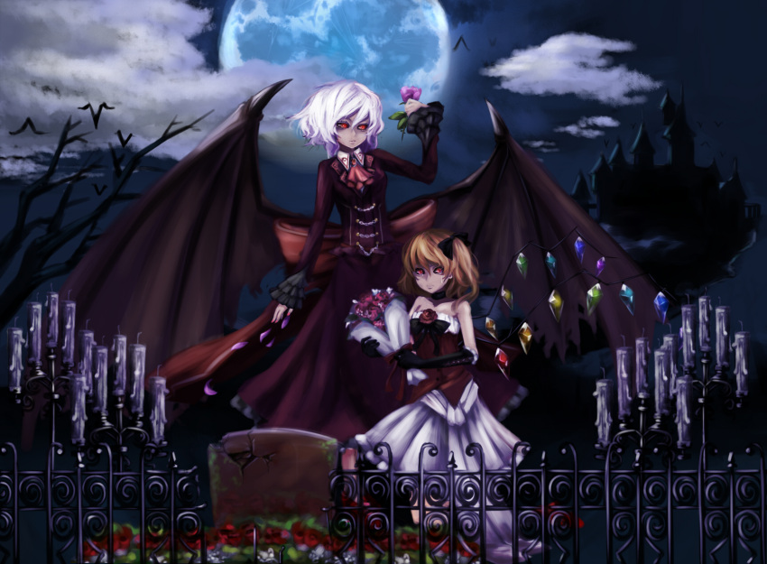 alternate_costume, bare_shoulders, bat_wings, black_sclera, blonde_hair, blue_moon, bouquet, candelabra