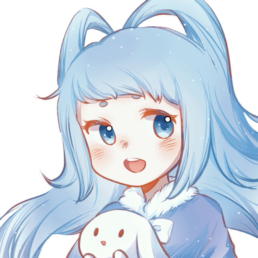 1girl, :d, blue_eyes, blue_hair, blush, child, daer_maodou_(roco_kingdom:world), fur_trim, hair_rings, holding, huhu_chui_ya, long_hair, looking_at_viewer, open_mouth, roco_kingdom, roco_kingdom:world, round_teeth, short_eyebrows, simple_background, smile, solo, teeth, thick_eyebrows, upper_body, upper_teeth_only, white_background, xueying_wawa_(anthropomorphism)_(roco_kingdom:world), xueying_wawa_(roco_kingdom:world)