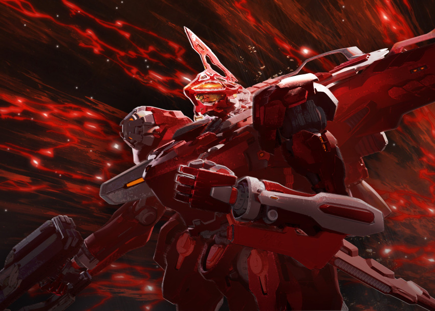 absurdres, armor, armored_core, armored_core_vi:_fires_of_rubicon, beam_rifle, elani_s222s, energy_gun, gun, hal_826, handler_walter, highres, holding, holding_gun, holding_weapon, mecha, mecha_focus, no_humans, red_armor, rifle, robot, science_fiction, solo, upper_body, weapon