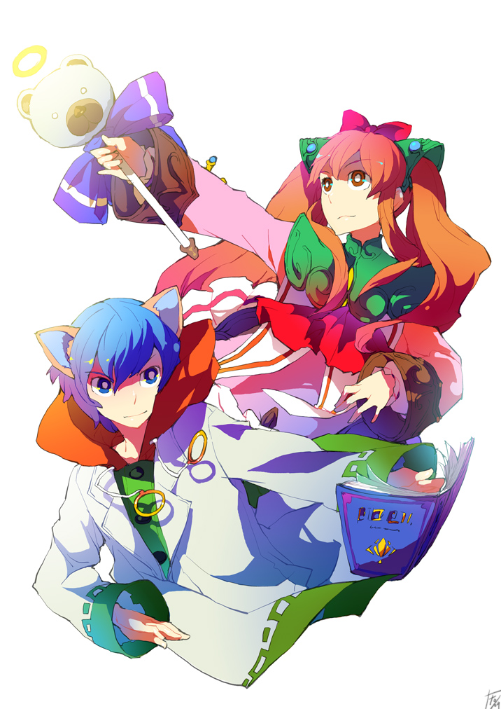 blue_eyes, blue_hair, book, bow, brown_eyes, brown_hair, cat_ears, collar