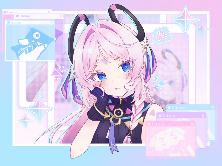 1girl, :t, anger_vein, blue_eyes, blush, bracelet, braid, citlali_(genshin_impact)