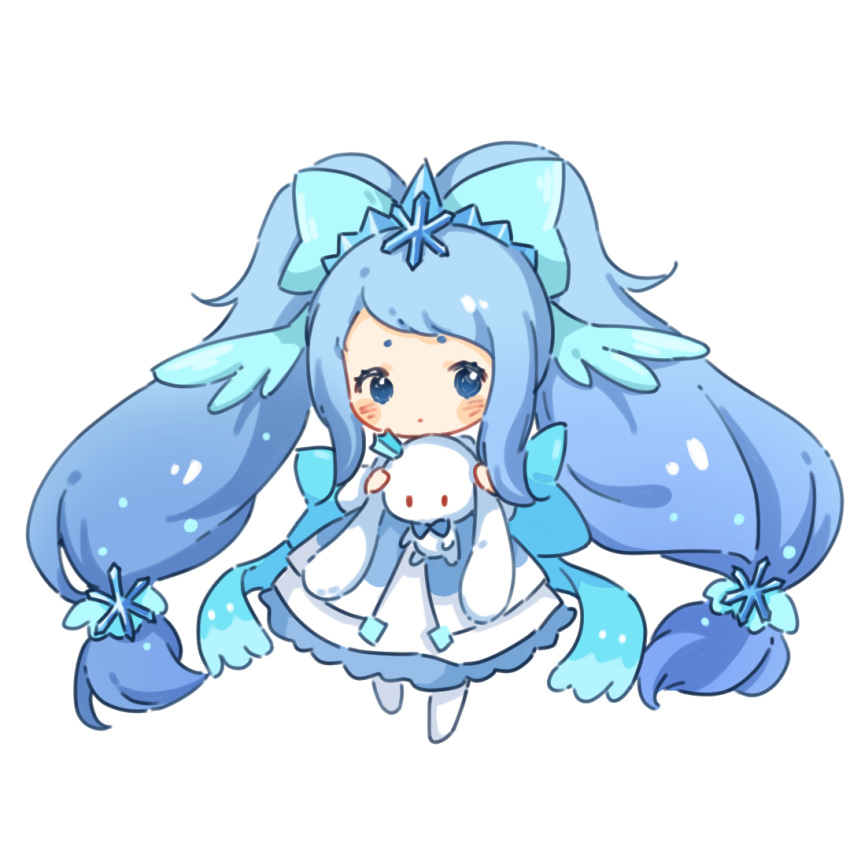 1girl, blue_bow, blue_eyes, blue_hair, blush, blush_stickers, bow, chibi, daer_maodou_(roco_kingdom:world), dress, full_body, hair_bow, hair_ornament, holding, huhu_chui_ya, long_hair, long_sleeves, looking_at_viewer, pantyhose, personification, roco_kingdom, short_bangs, short_eyebrows, simple_background, solo, twintails, very_long_hair, white_background, white_dress, youlan_xuemei_(roco_kingdom)