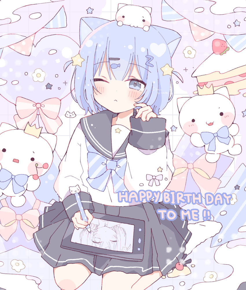 1girl, ;<, animal_ears, black_sailor_collar, black_skirt, blue_bow, blue_bowtie, blue_eyes