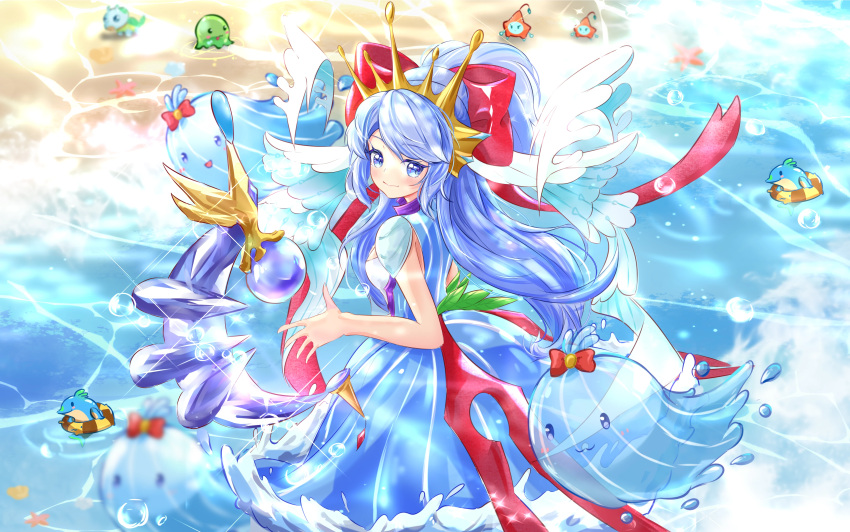 1girl, absurdres, blue_dress, blue_eyes, blue_hair, bow, column, dress, fish, hair_bow, hair_now, hair_ornament, highres, jelly_(roco_kingdom:world), lanyi_shuiling_(roco_kingdom), long_hair, looking_at_viewer, pillar, ponytail, red_bow, roco_kingdom, roco_kingdom:world, shuilanlan_(roco_kingdom), shuilanlan_(roco_kingdom:world), sleeveless, smile, solo, very_long_hair, water, wings, yifencraig