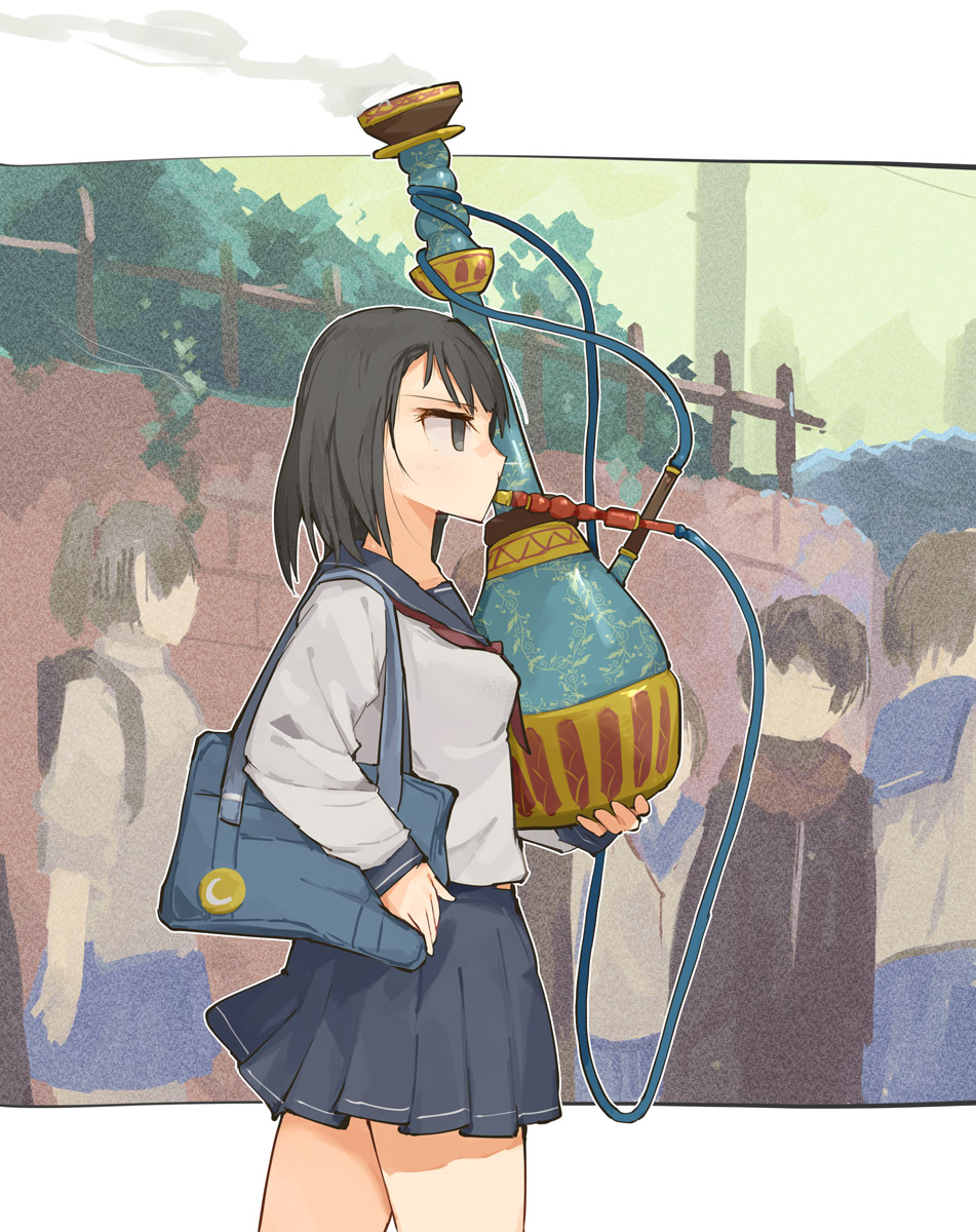 1girl, bag, black_eyes, black_hair, blue_bag, blue_sailor_collar, blue_skirt, breasts