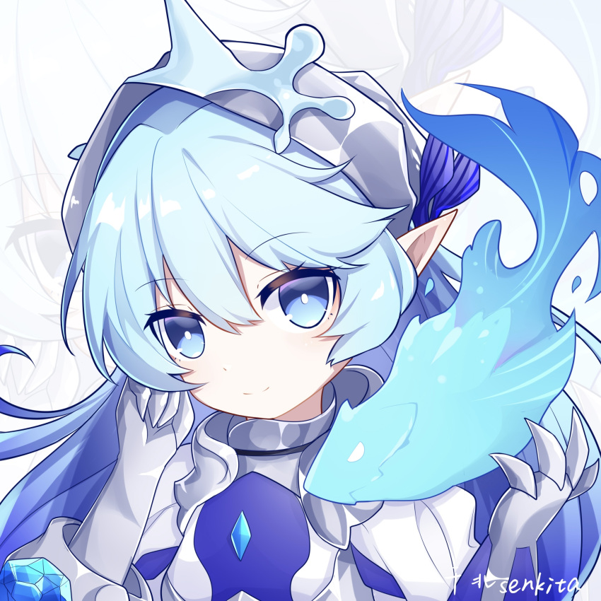 1girl, armor, artist_name, blue_eyes, blue_hair, bright_pupils, closed_mouth, fish