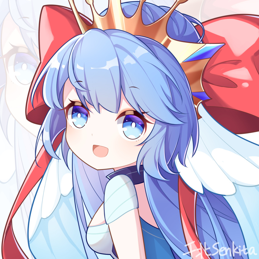 1girl, :d, artist_name, blue_eyes, blue_hair, bow, breasts, bright_pupils, crown, dress, hair_bow, highres, lanyi_shuiling_(roco_kingdom), long_hair, looking_at_viewer, medium_breasts, open_mouth, red_bow, roco_kingdom, senkita_beibeizi, short_sleeves, signature, smile, solo, upper_body, white_background, white_pupils, zoom_layer