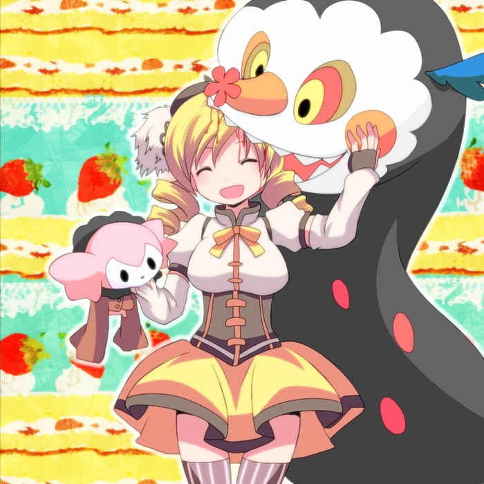 ara, biting, blonde_hair, blood, blood_on_face, cake, charlotte_(madoka_magica), closed_eyes