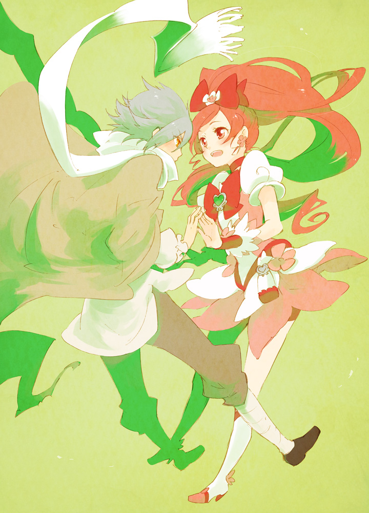 cure_blossom, green_background, hair_bow, hanasaki_tsubomi, heartcatch_precure!, isshoku_(shiki), magical_girl, oliver_(heartcatch_precure!)