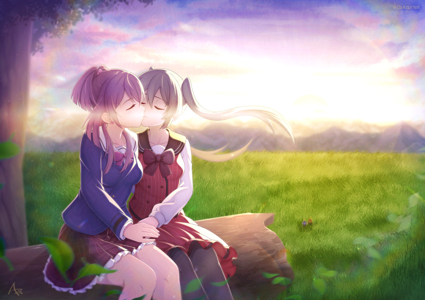 2girls, absurdres, aika_himena, black_pantyhose, closed_eyes, dsazurius, grass, grey_hair