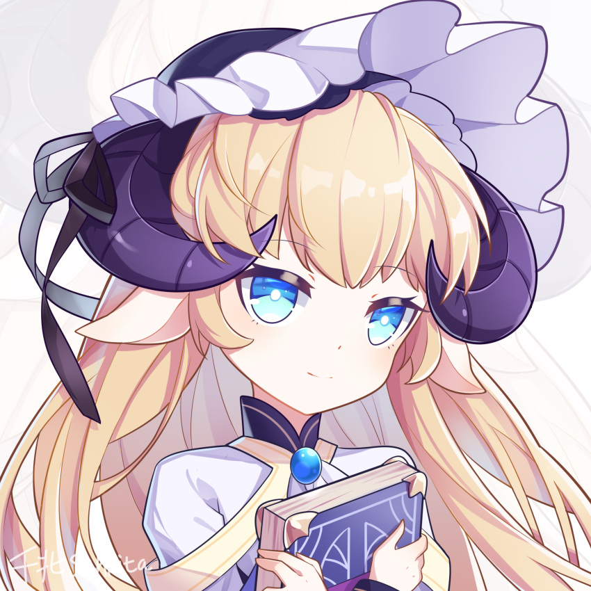 1girl, animal_ears, blonde_hair, blue_eyes, book, child, closed_mouth, curled_horns