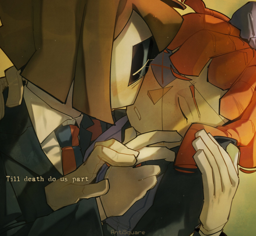 2girls, anti_square, artist_name, black_jacket, blue_necktie, brown_hair, closed_eyes, collared_shirt