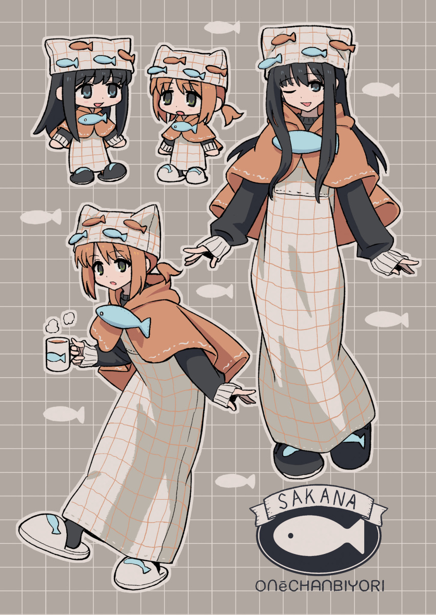2girls, ;), animal_hat, black_eyes, black_hair, black_slippers, black_sweater, brown_capelet