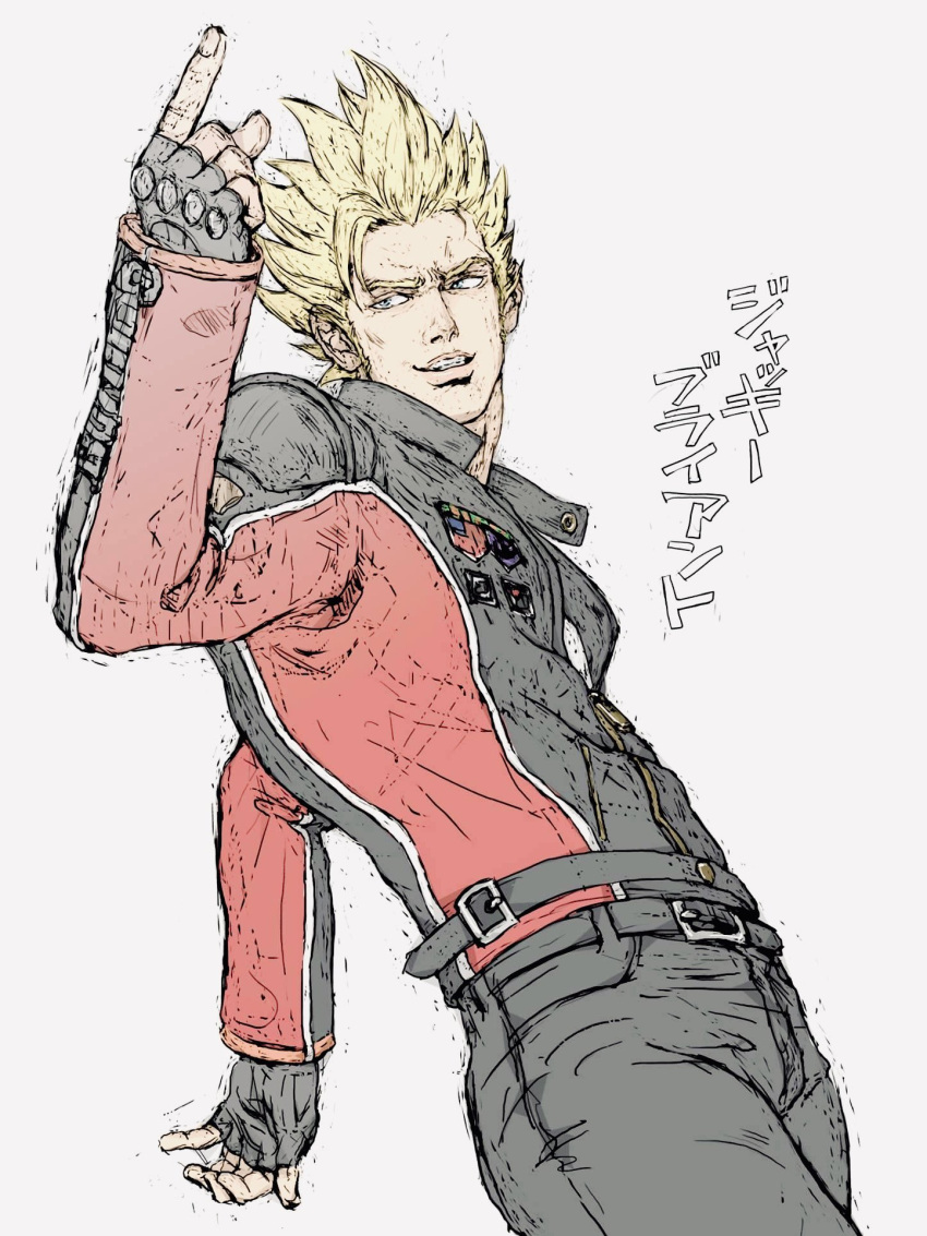 1boy, arm_up, belt, belt_buckle, black_belt, black_gloves, black_pants, blonde_hair