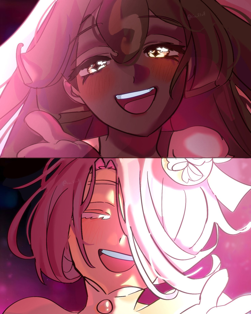 2girls, alien_stage, black_forest_cookie, brown_hair, commentary, cookie_run, cookie_run:_kingdom, dark-skinned_female