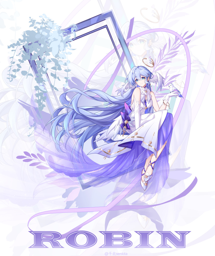 1girl, absurdres, bare_shoulders, bird, bird_on_hand, blue_eyes, blue_hair, closed_mouth