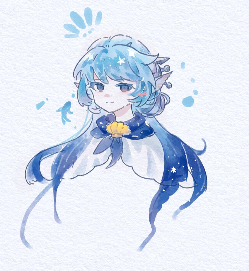 1girl, blue_eyes, blue_hair, blue_theme, closed_mouth, cropped_torso, fish, gangli11