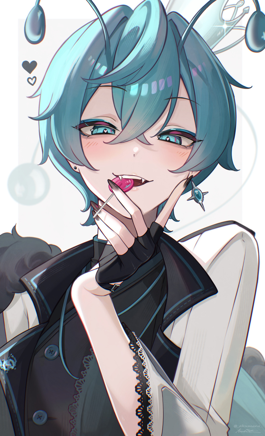 1boy, absurdres, akumana, alien, blue_eyes, candy, commission, earrings, fangs, food, heart, highres, jewelry, lollipop, nail_polish, trap, tusk_(stand), tusks, virtual_youtuber