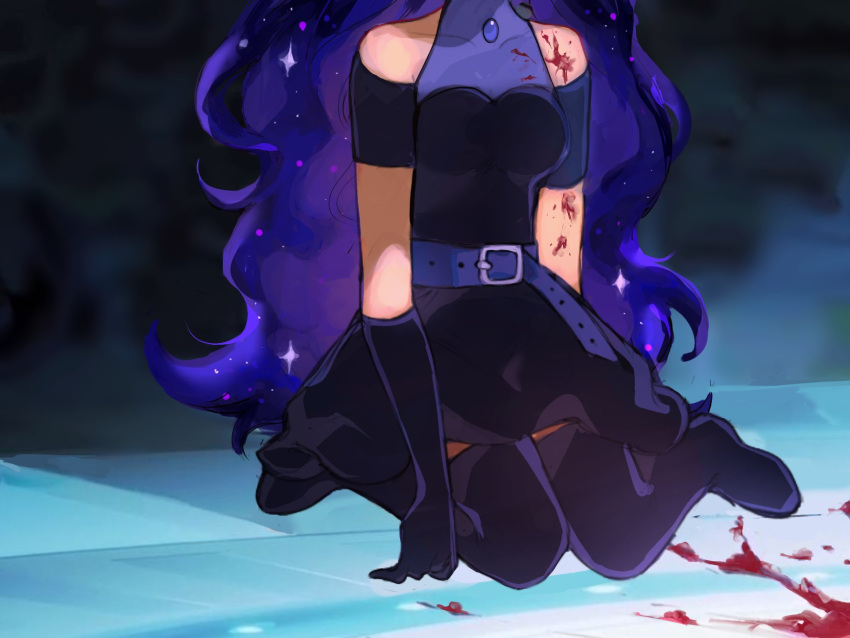 1girl, alien_stage, black_boots, black_dress, black_gloves, blood, blue_hair, boots