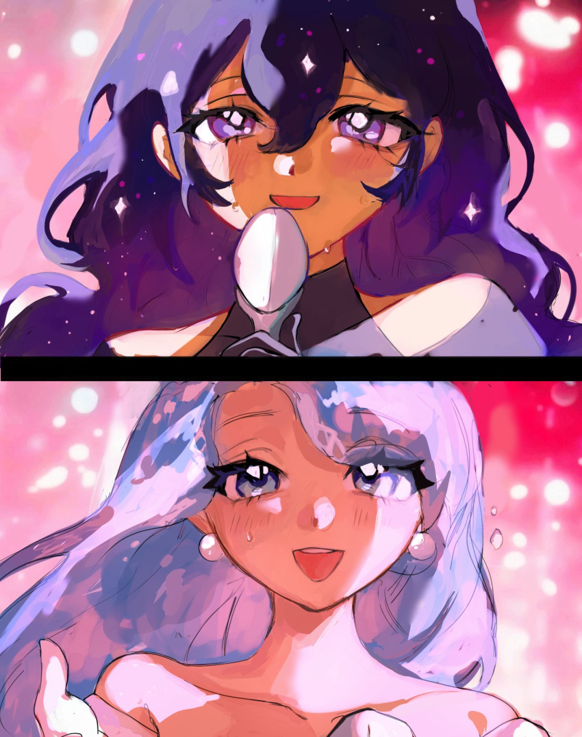 2girls, alien_stage, bare_shoulders, black_dress, blue_hair, commentary, cookie_run, cookie_run:_kingdom