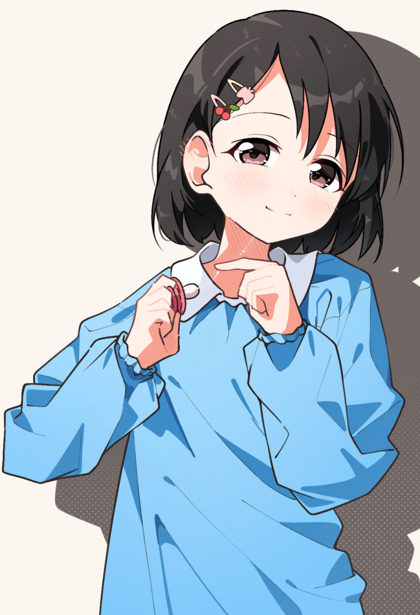 1girl, black_hair, blue_shirt, blush, commentary_request, contrast_collar, hair_ornament, hairclip