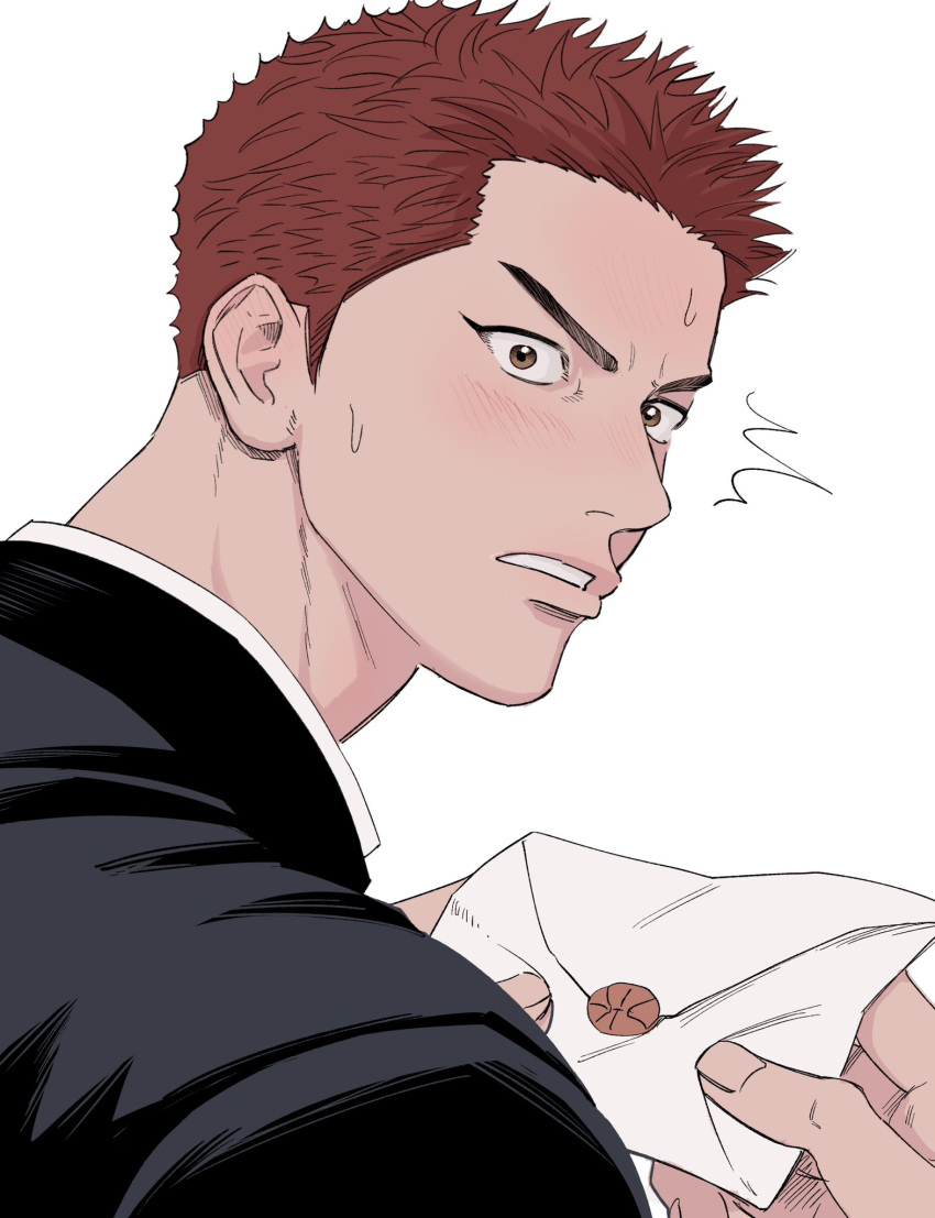 1boy, ^^^, arms_up, black_jacket, blush, brown_eyes, fingernails, gakuran