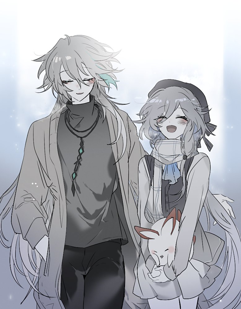 1boy, 1girl, black_hat, black_pants, black_shirt, black_tank_top, closed_mouth, fff_st_001, fu_hua, green_hair, grey_hair, grey_jacket, grey_skirt, hat, holding, holding_stuffed_toy, honkai_(series), honkai_impact_3rd, jacket, jingwei_(bird), long_hair, long_sleeves, multicolored_hair, open_mouth, pants, shirt, skirt, smile, streaked_hair, stuffed_toy, su_(honkai_impact), tank_top, turtleneck, turtleneck_shirt, two-tone_hair, very_long_hair
