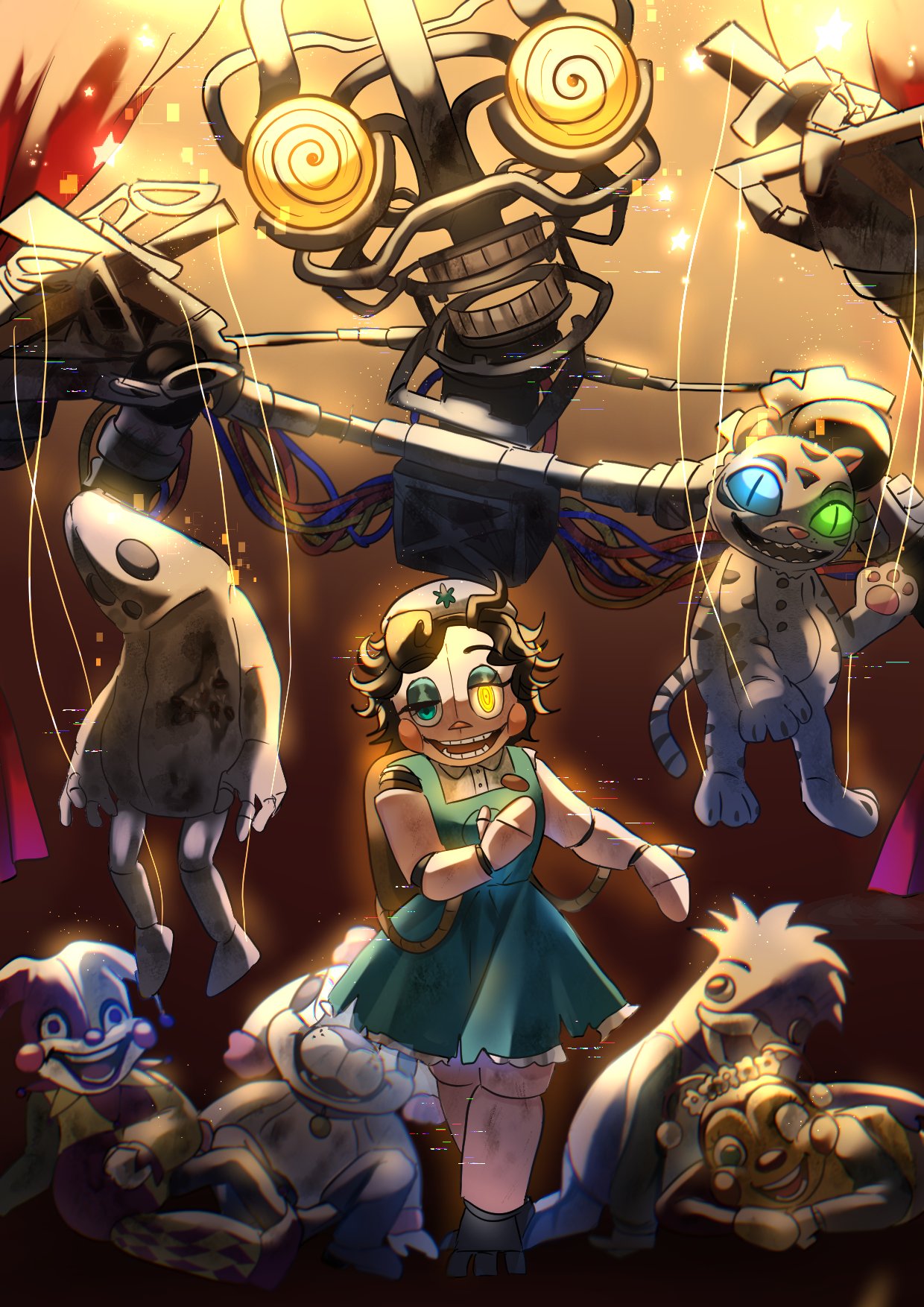 animatronic, black_hair, blue_dress, blue_eyes, cable, commentary_request, dress, english_commentary